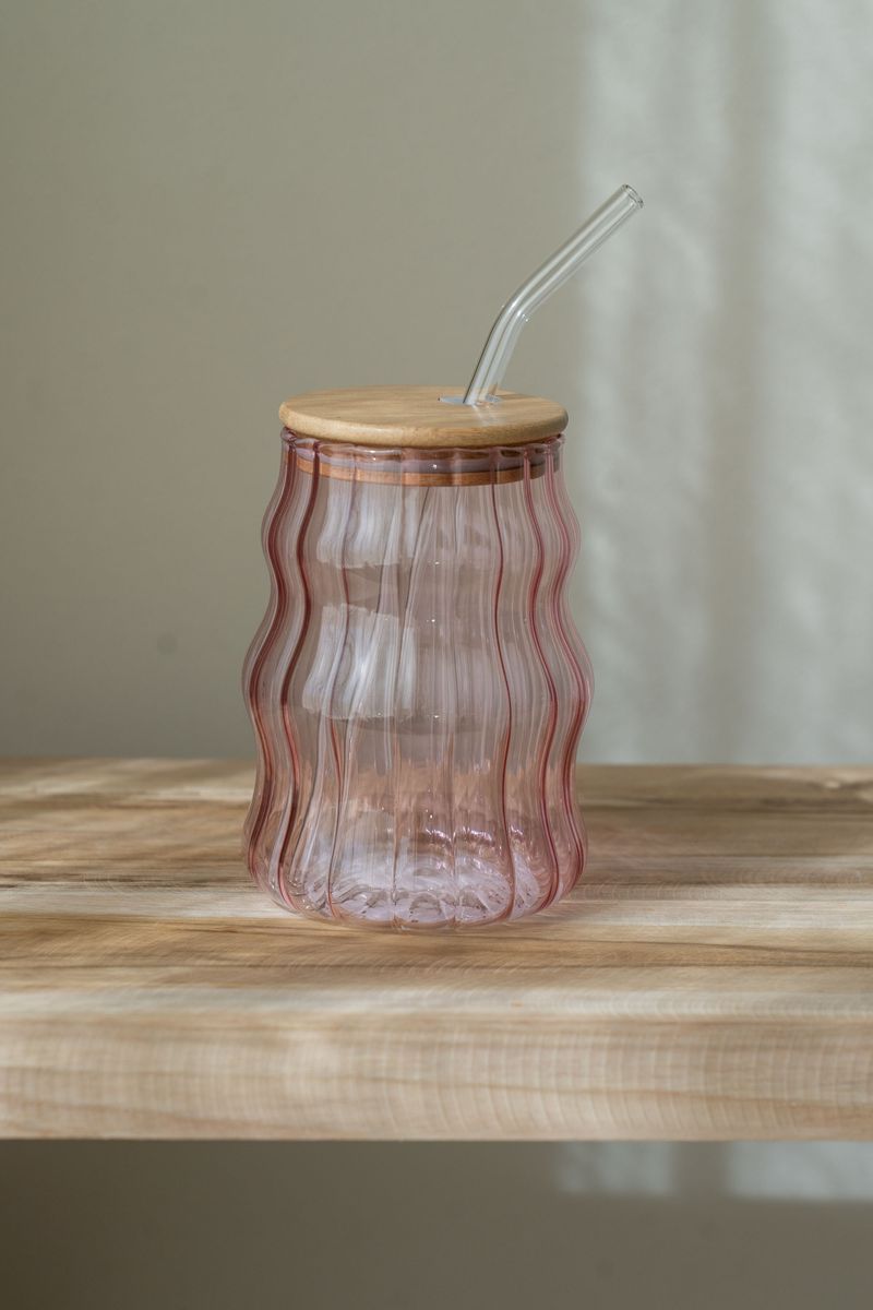 Glass med sugerør – 400 ml – Rosa